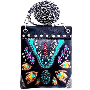 Peacock Feather Embroidery Concho Rhinestoned Mini Crossbody Bag 💼